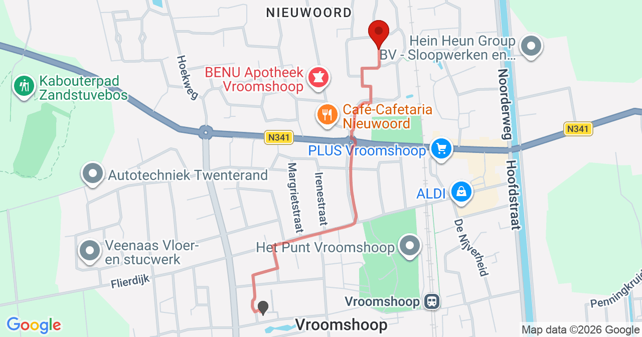 Kaart van het incident in Vroomshoop met de aanrijroutes van de gealarmeerde eenheden
