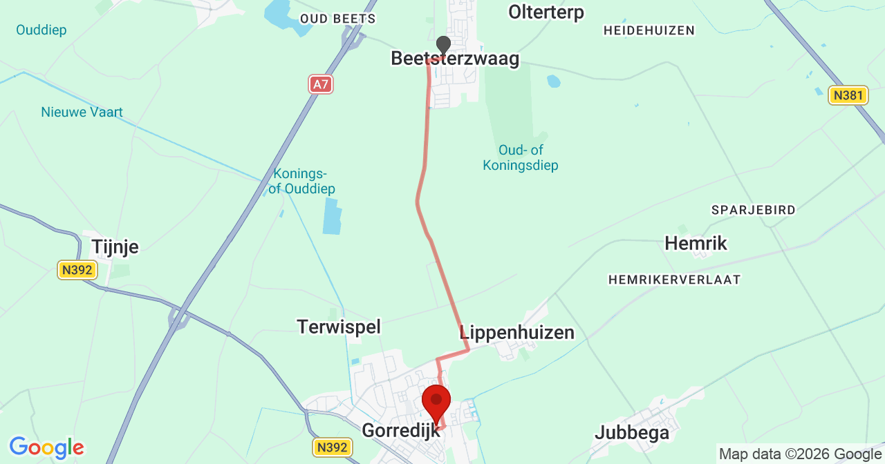 Kaart van het incident in Gorredijk met de aanrijroutes van de gealarmeerde eenheden