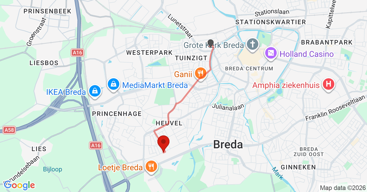 Kaart van het incident in Breda met de aanrijroutes van de gealarmeerde eenheden