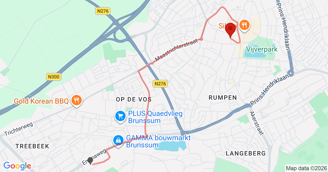 Kaart van het incident in Brunssum met de aanrijroutes van de gealarmeerde eenheden
