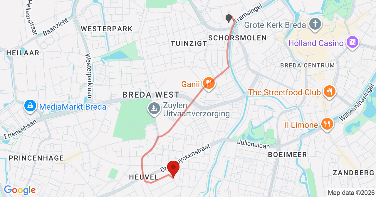 Kaart van het incident in Breda met de aanrijroutes van de gealarmeerde eenheden