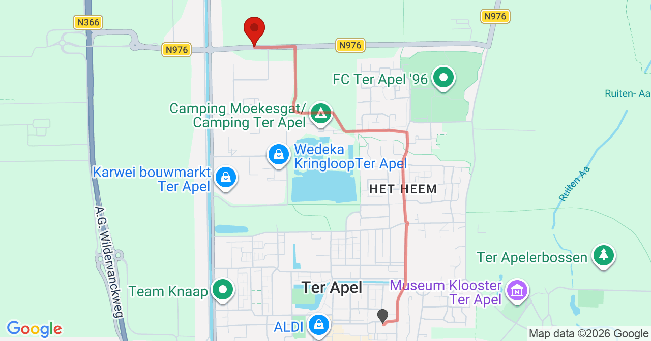 Kaart van het incident in Ter Apel met de aanrijroutes van de gealarmeerde eenheden