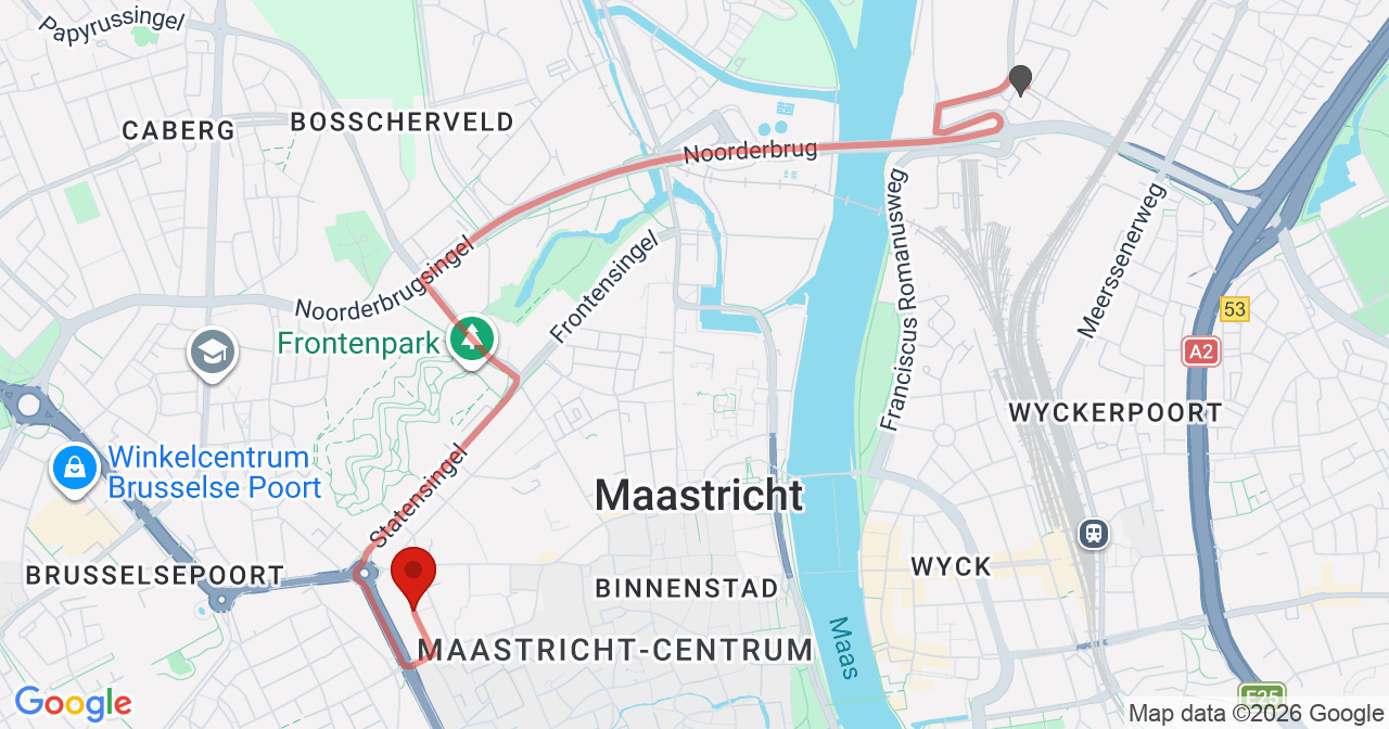 Kaart van het incident in Maastricht met de aanrijroutes van de gealarmeerde eenheden