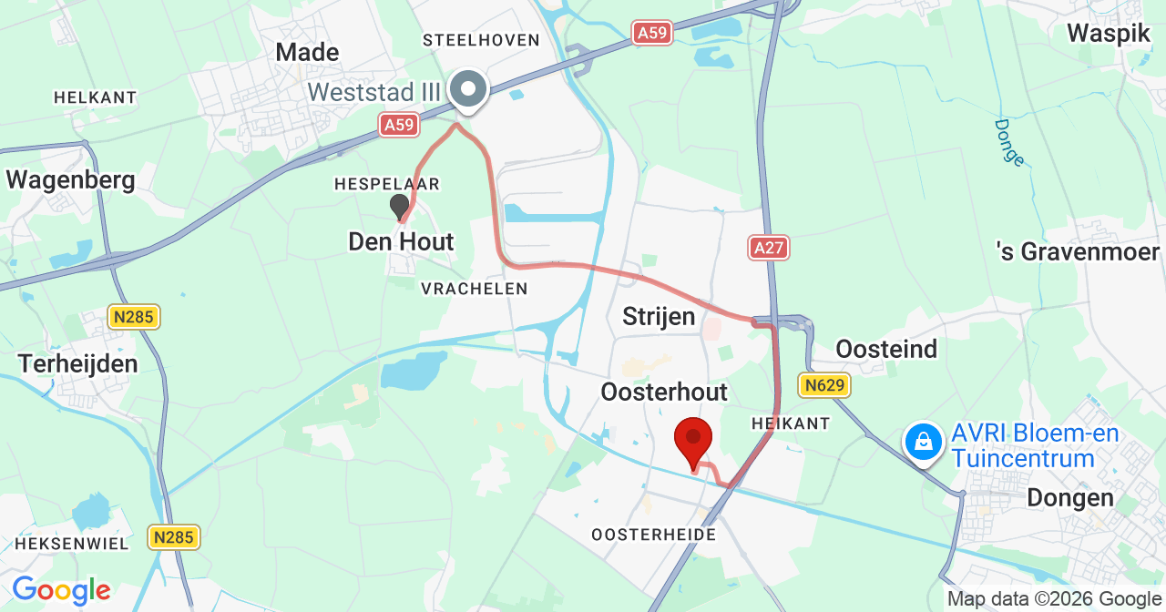 Kaart van het incident in Oosterhout NB met de aanrijroutes van de gealarmeerde eenheden