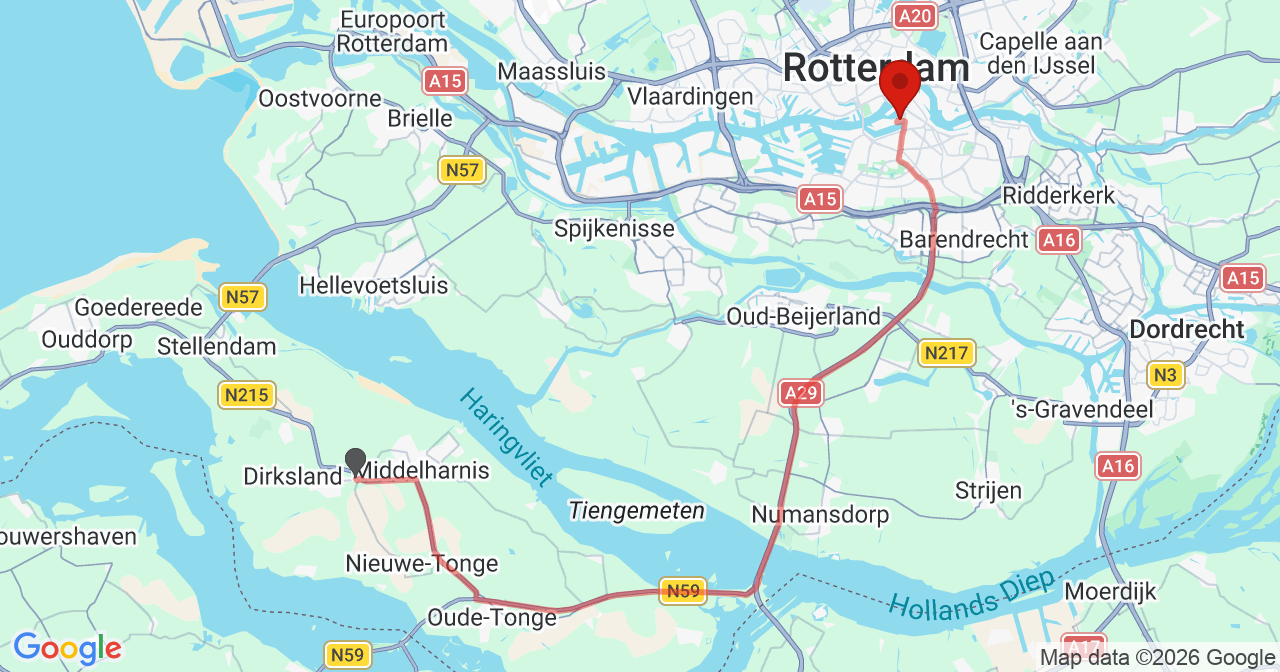 Kaart van het incident in Rotterdam met de aanrijroutes van de gealarmeerde eenheden