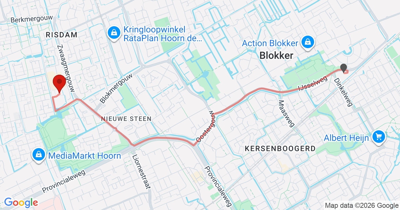 Kaart van het incident in Hoorn NH met de aanrijroutes van de gealarmeerde eenheden
