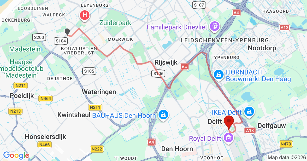 Kaart van het incident in Delft met de aanrijroutes van de gealarmeerde eenheden