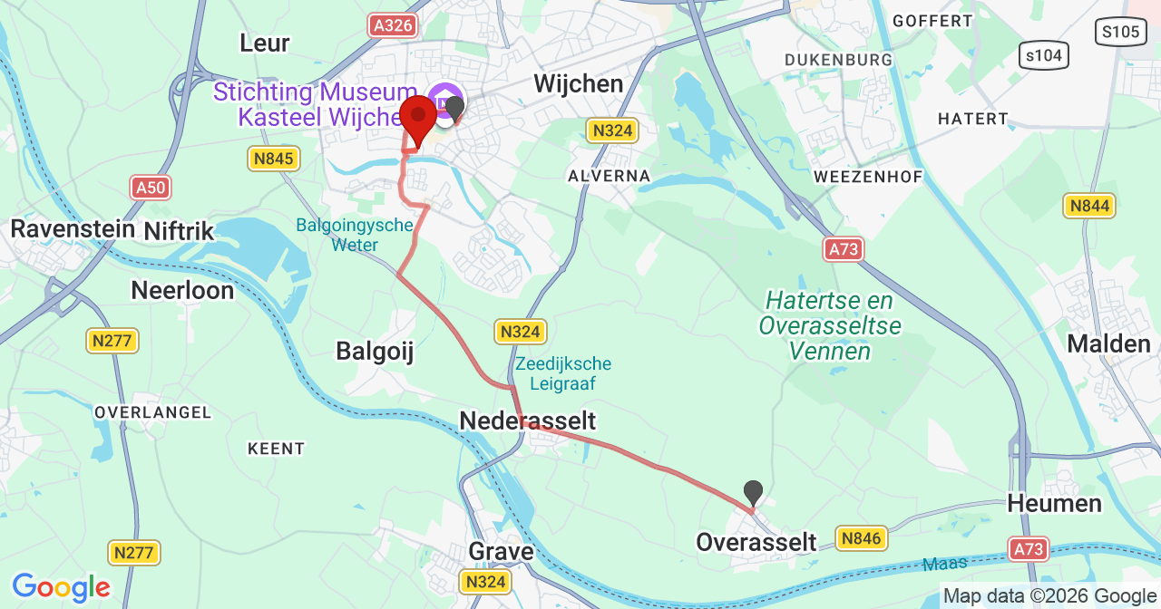 Kaart van het incident in Wijchen met de aanrijroutes van de gealarmeerde eenheden
