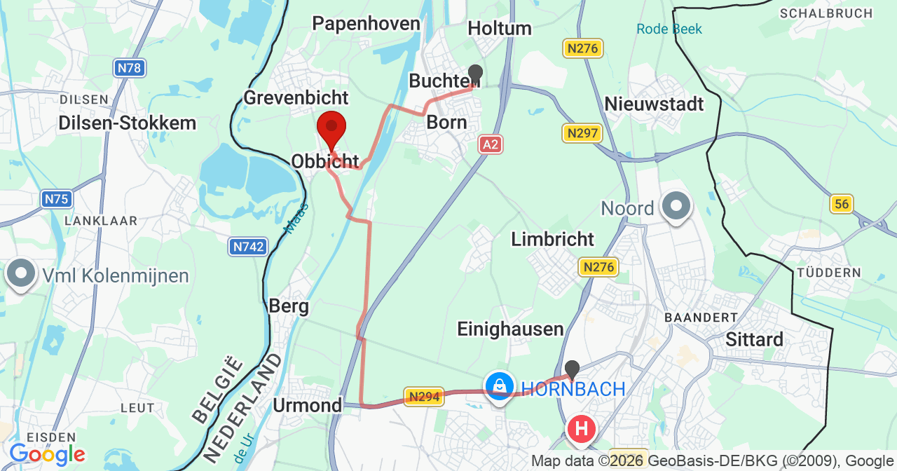 Kaart van het incident in Obbicht met de aanrijroutes van de gealarmeerde eenheden