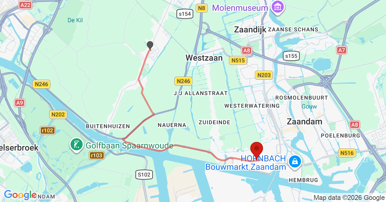 Kaart van het incident in Zaandam met de aanrijroutes van de gealarmeerde eenheden