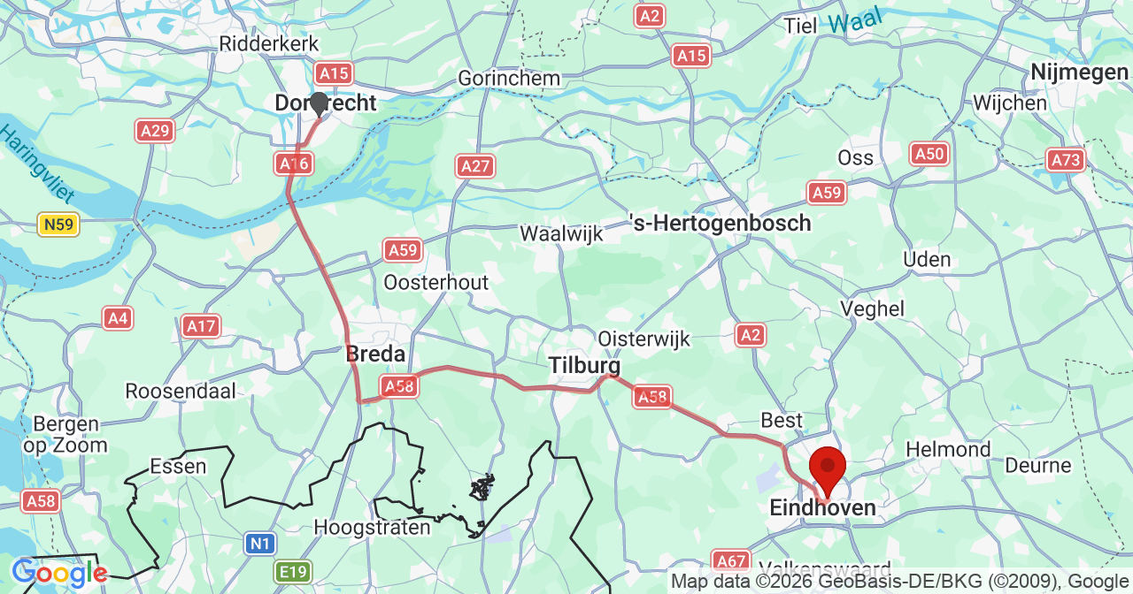 Kaart van het incident in Eindhoven met de aanrijroutes van de gealarmeerde eenheden