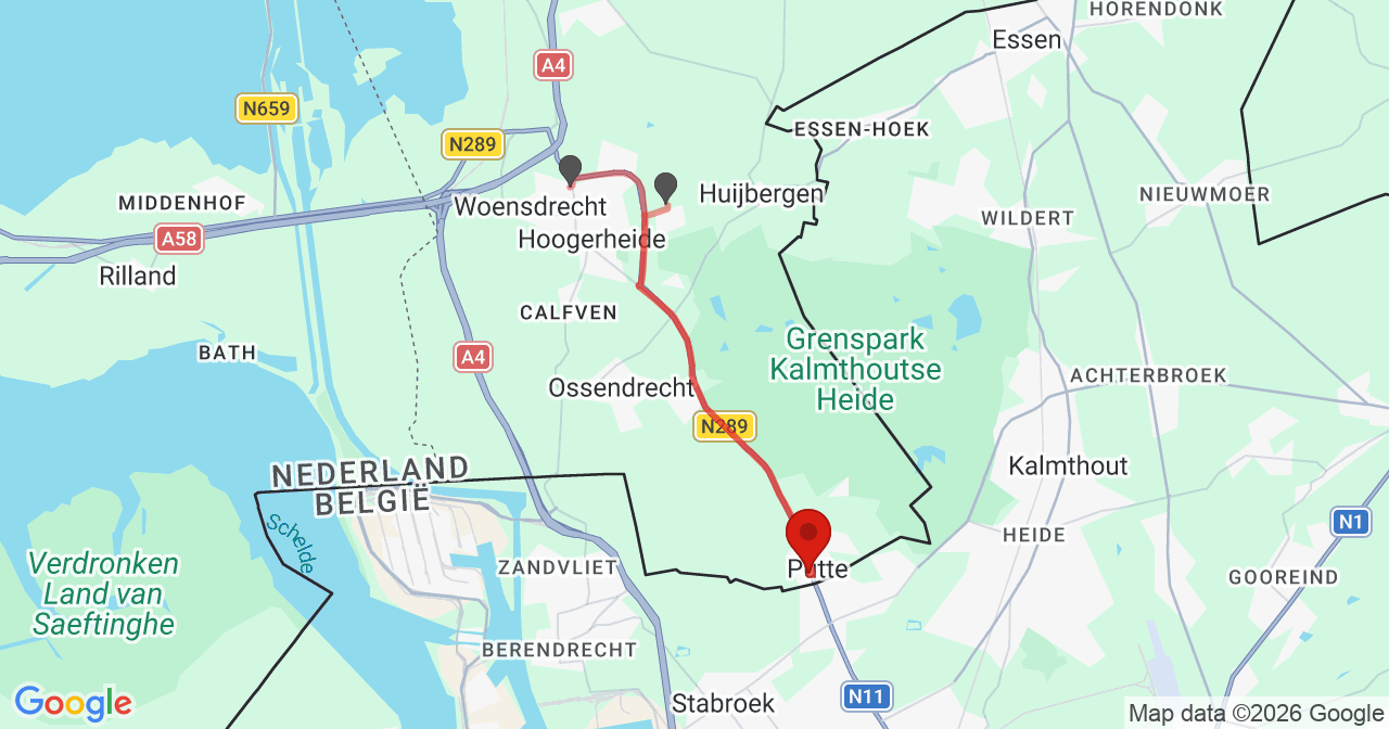 Kaart van het incident in Putte met de aanrijroutes van de gealarmeerde eenheden