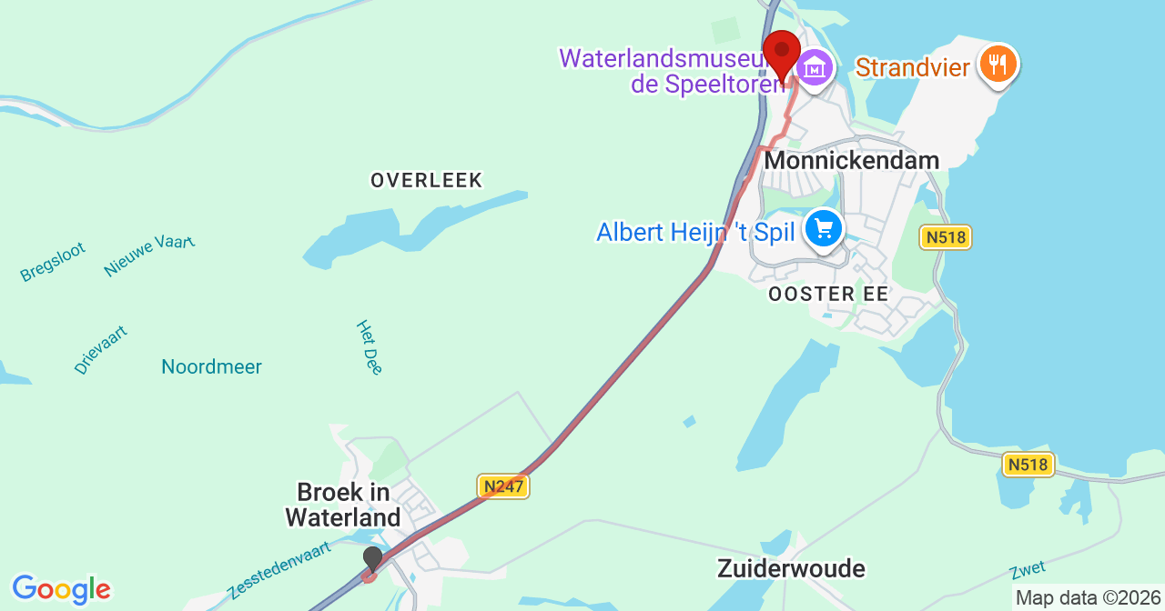 Kaart van het incident in Monnickendam met de aanrijroutes van de gealarmeerde eenheden
