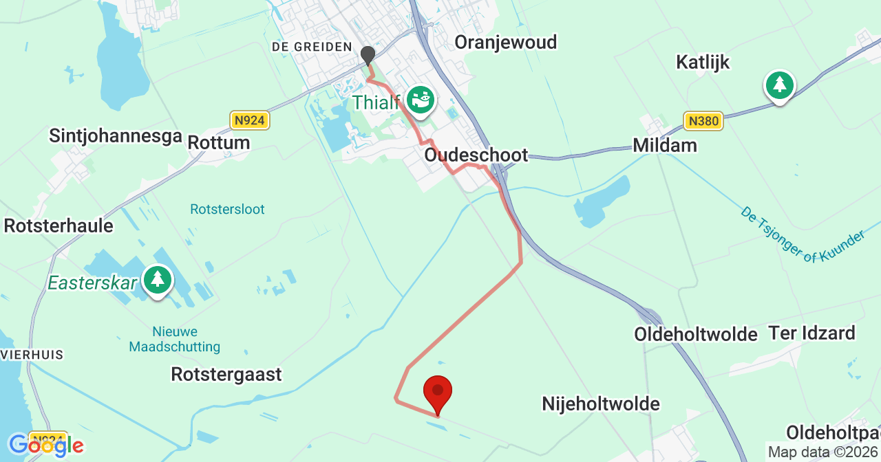 Kaart van het incident in Nijelamer met de aanrijroutes van de gealarmeerde eenheden