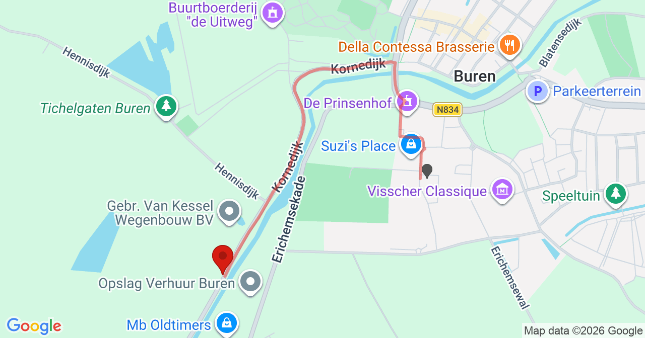 Kaart van het incident in Buren met de aanrijroutes van de gealarmeerde eenheden