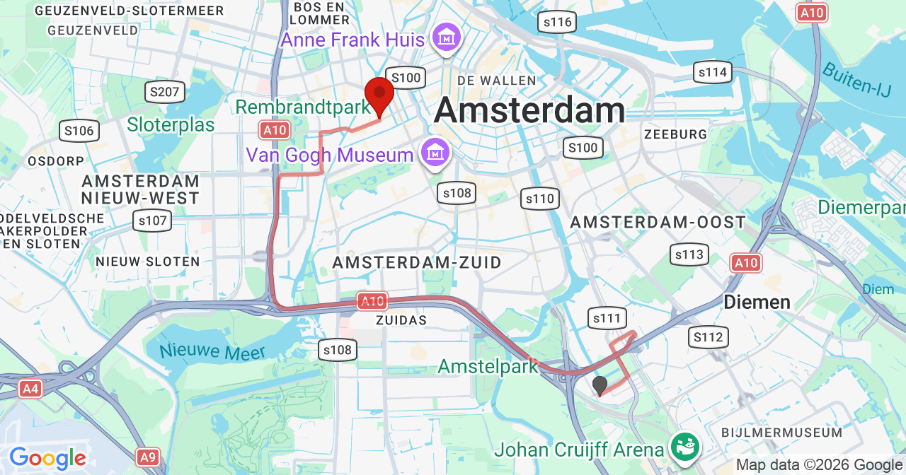 Kaart van het incident in Amsterdam met de aanrijroutes van de gealarmeerde eenheden