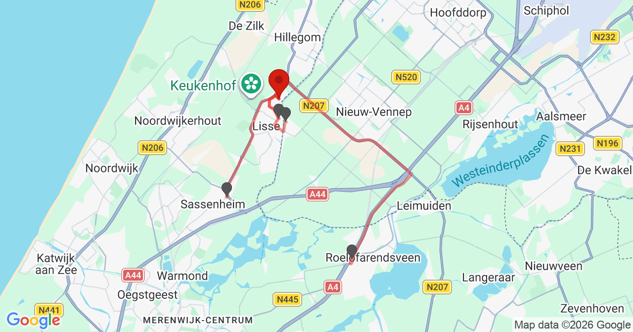 Kaart van het incident in Lisse met de aanrijroutes van de gealarmeerde eenheden