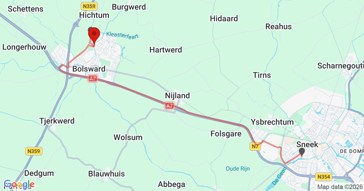 Kaart van het incident in Bolsward met de aanrijroutes van de gealarmeerde eenheden