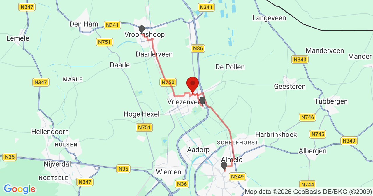 Kaart van het incident in Vriezenveen met de aanrijroutes van de gealarmeerde eenheden