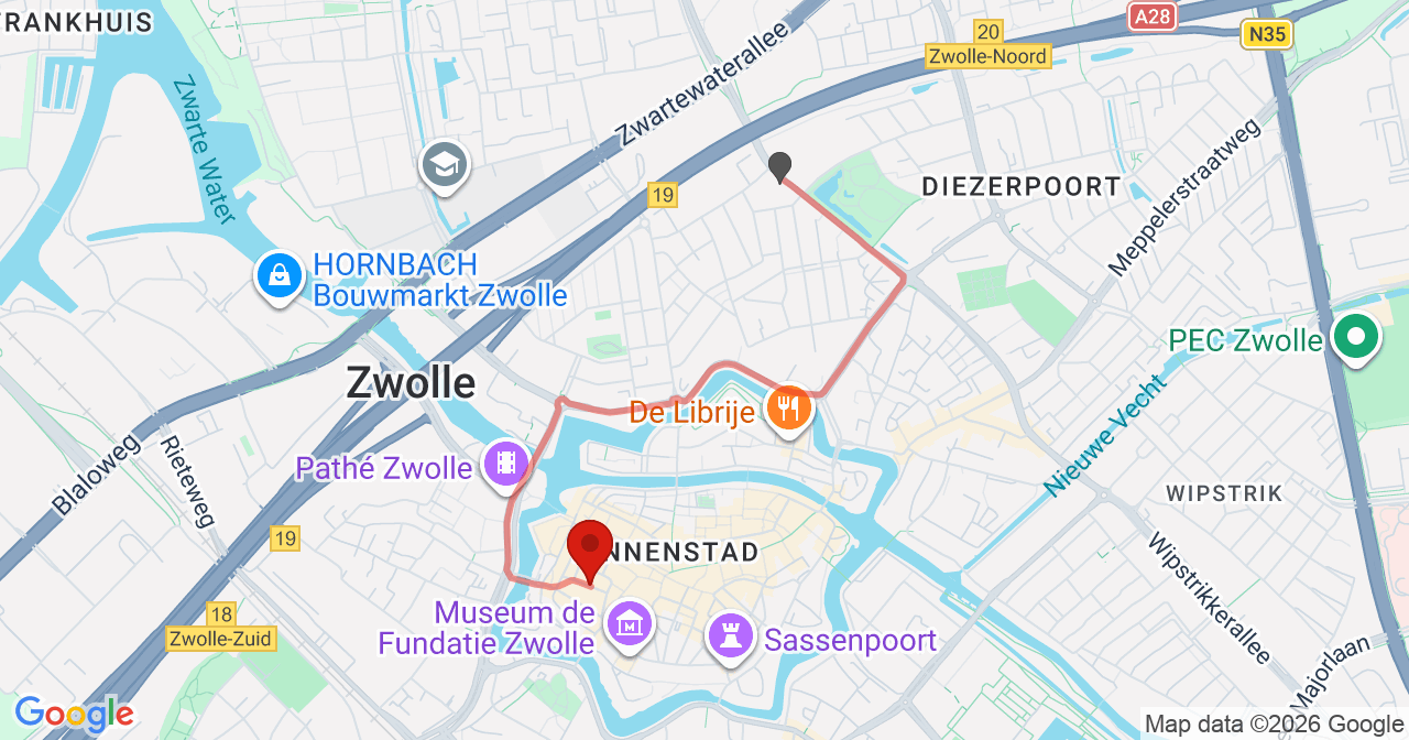 Kaart van het incident in Zwolle met de aanrijroutes van de gealarmeerde eenheden