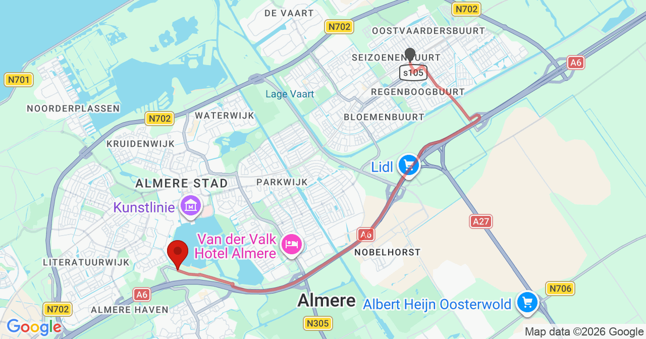 Kaart van het incident in Almere met de aanrijroutes van de gealarmeerde eenheden
