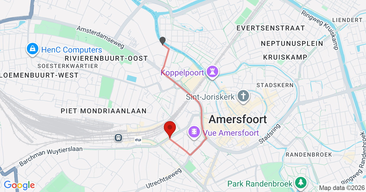 Kaart van het incident in Amersfoort met de aanrijroutes van de gealarmeerde eenheden
