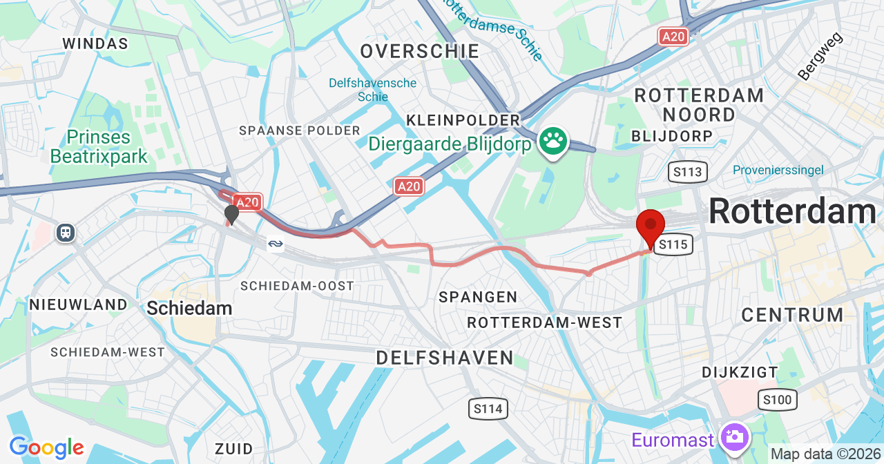 Kaart van het incident in Rotterdam met de aanrijroutes van de gealarmeerde eenheden