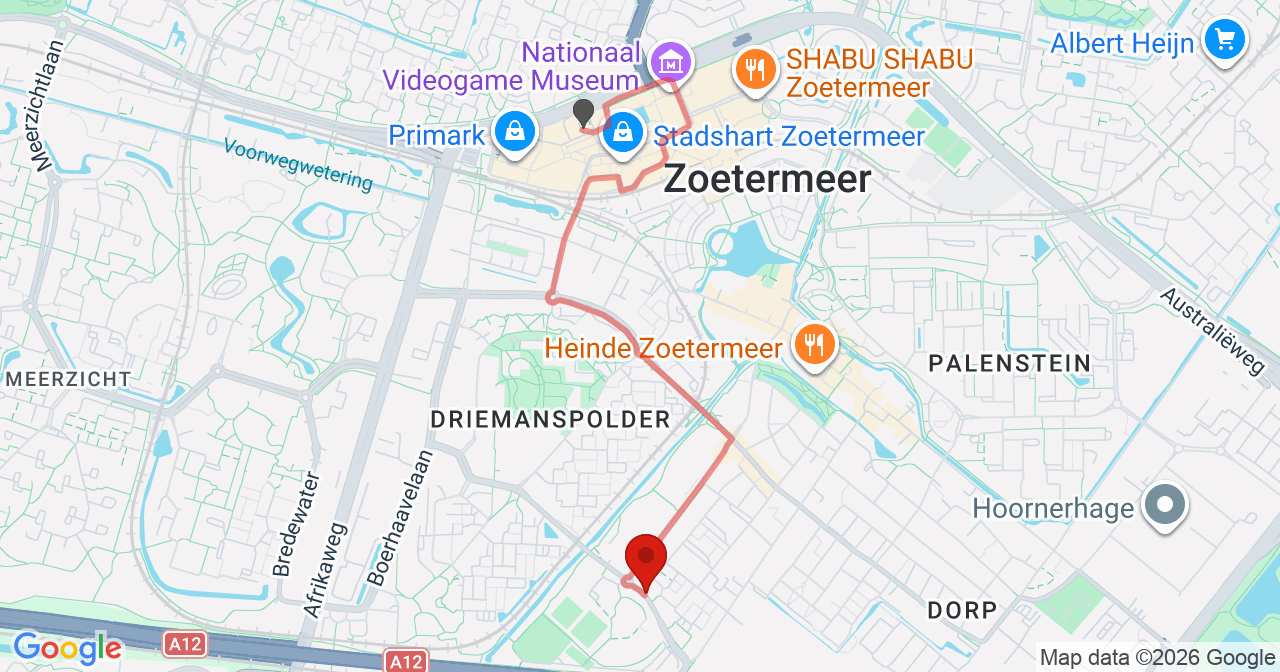 Kaart van het incident in Zoetermeer met de aanrijroutes van de gealarmeerde eenheden