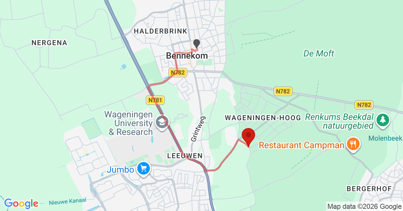 Kaart van het incident in Wageningen met de aanrijroutes van de gealarmeerde eenheden