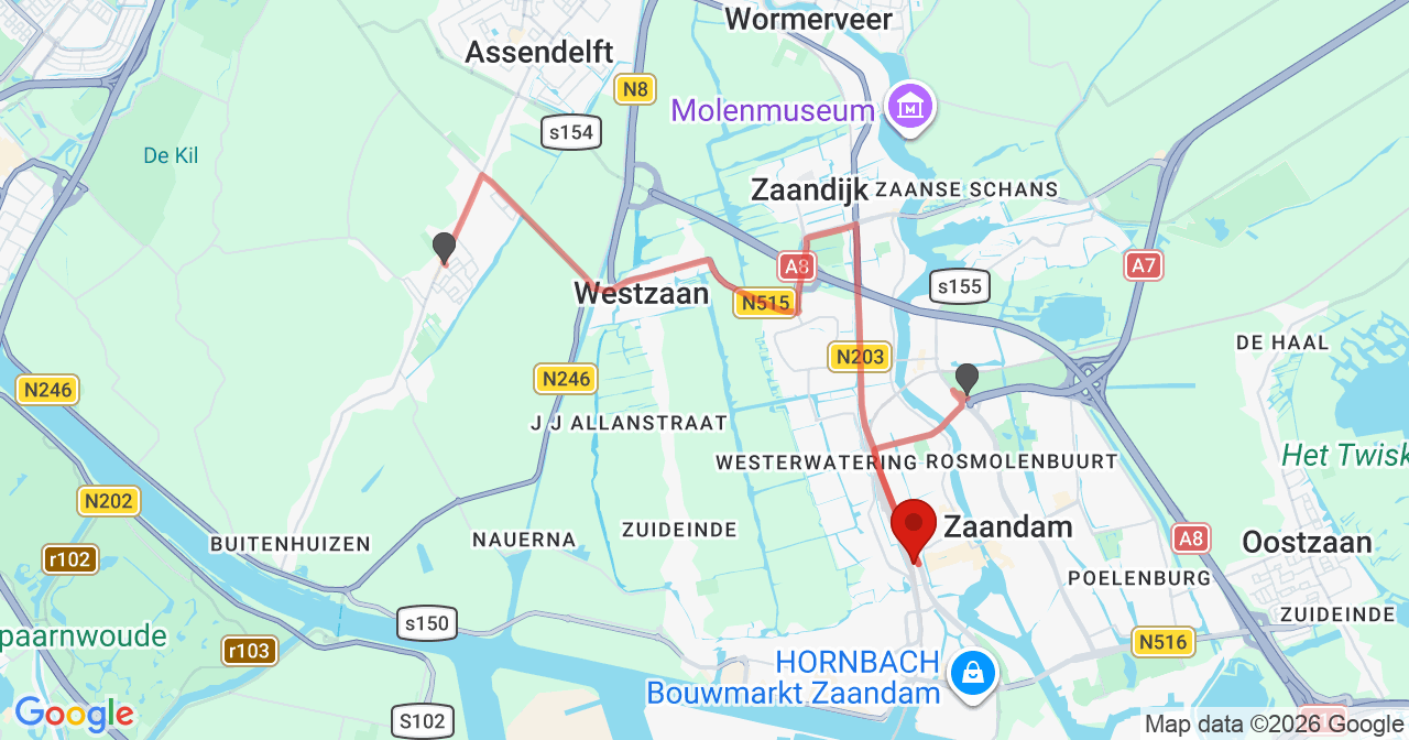 Kaart van het incident in Zaandam met de aanrijroutes van de gealarmeerde eenheden