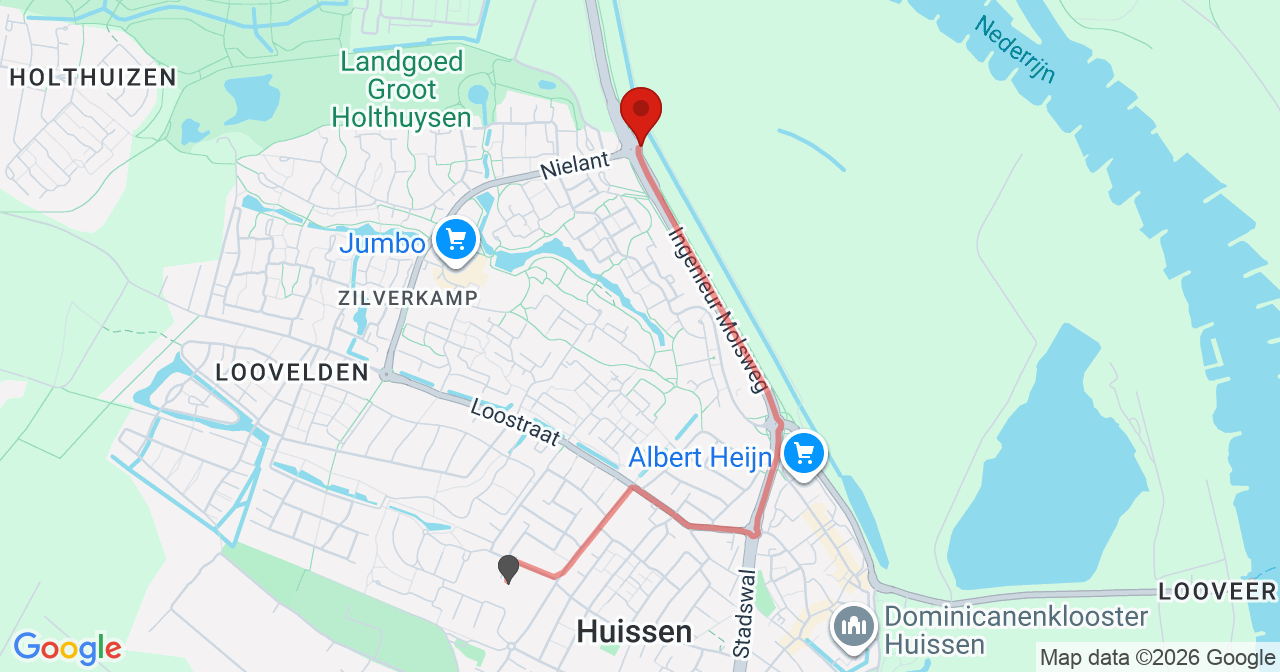 Kaart van het incident in Huissen met de aanrijroutes van de gealarmeerde eenheden