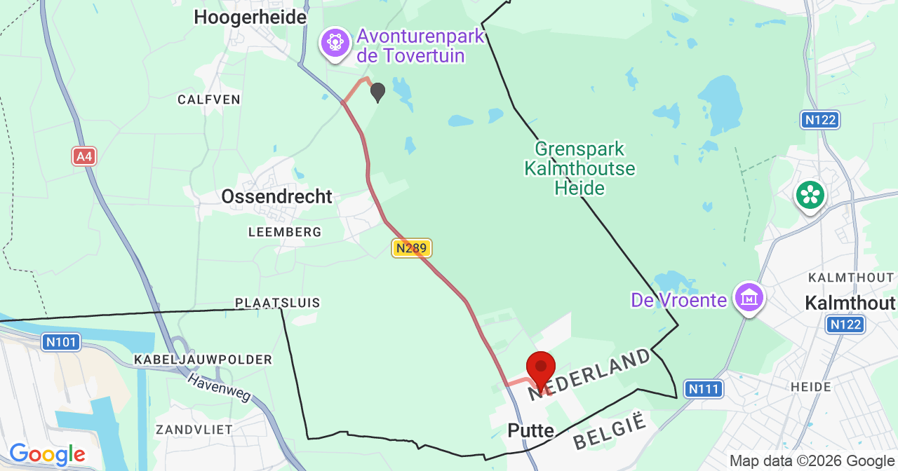 Kaart van het incident in Putte met de aanrijroutes van de gealarmeerde eenheden