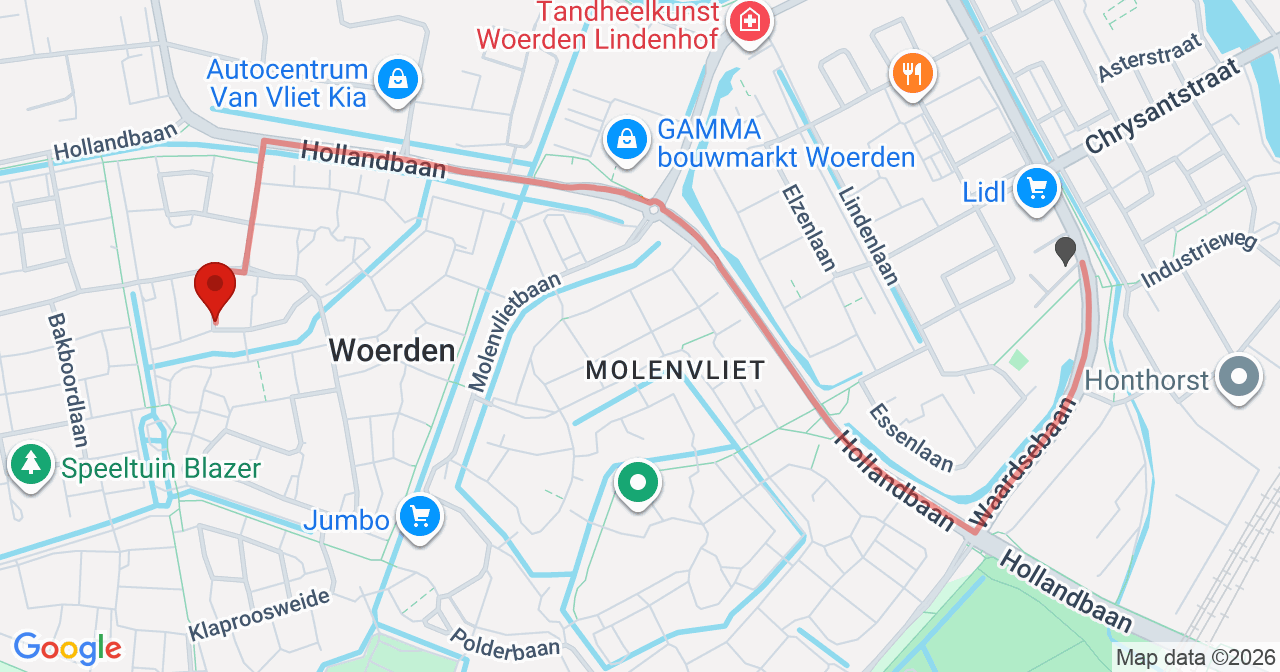 Kaart van het incident in Woerden met de aanrijroutes van de gealarmeerde eenheden