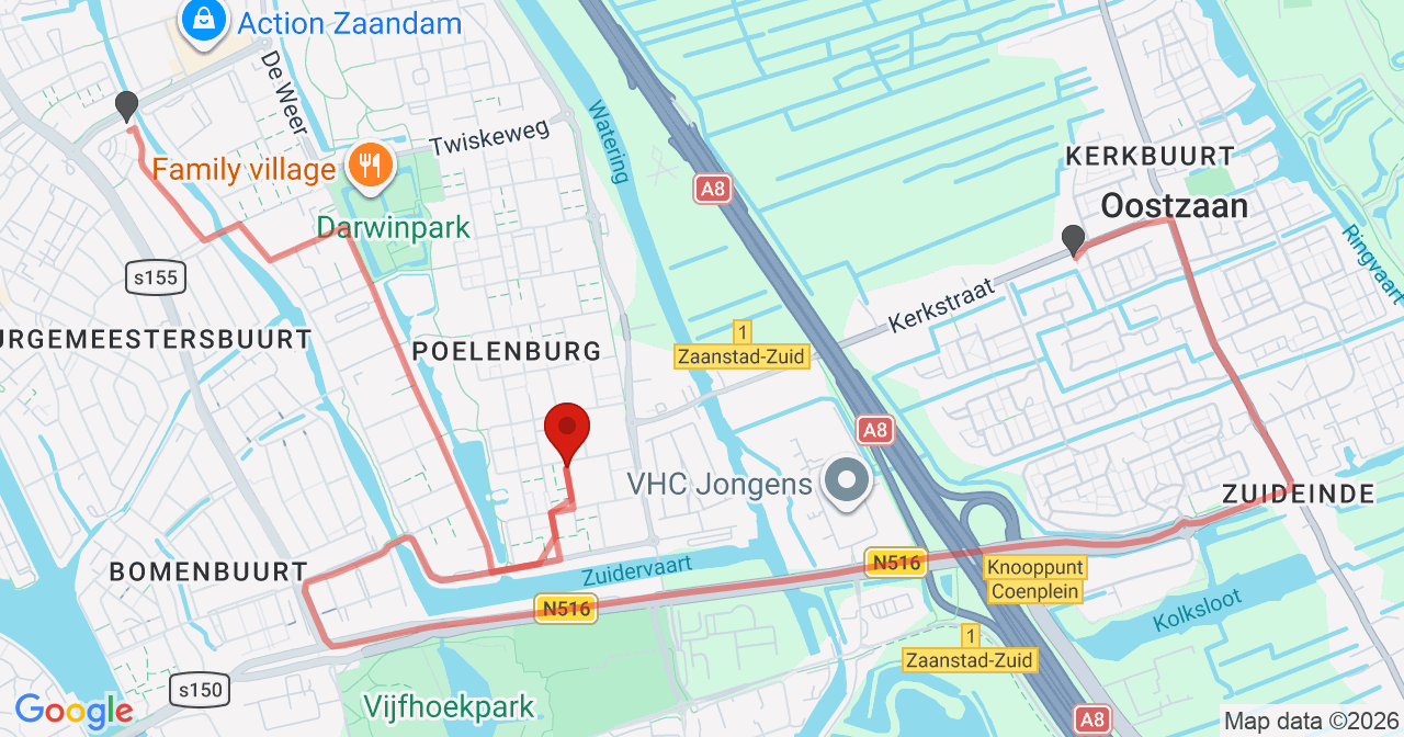 Kaart van het incident in Zaandam met de aanrijroutes van de gealarmeerde eenheden