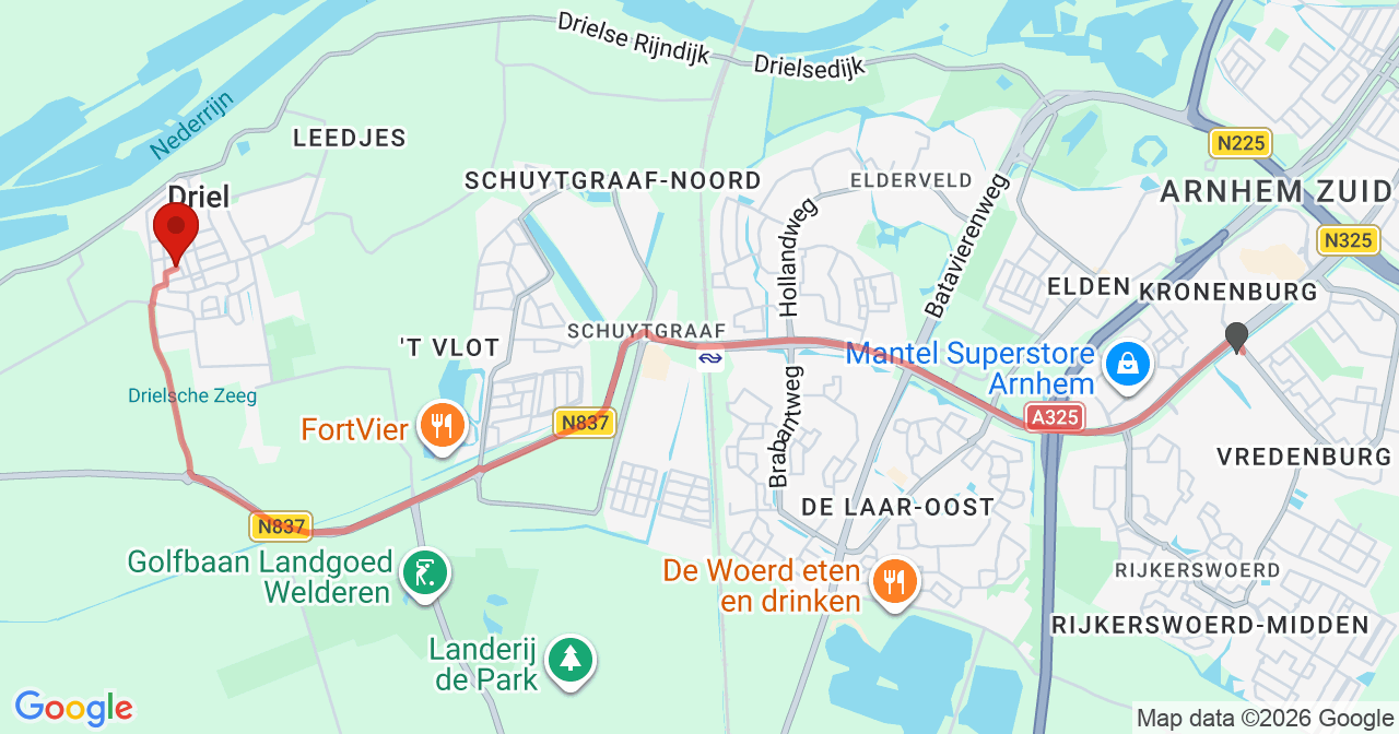 Kaart van het incident in Driel met de aanrijroutes van de gealarmeerde eenheden