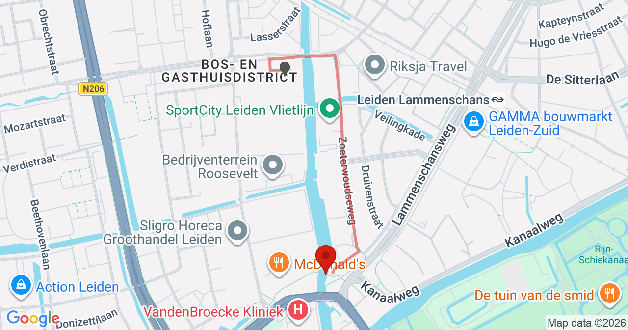 Kaart van het incident in Leiden met de aanrijroutes van de gealarmeerde eenheden