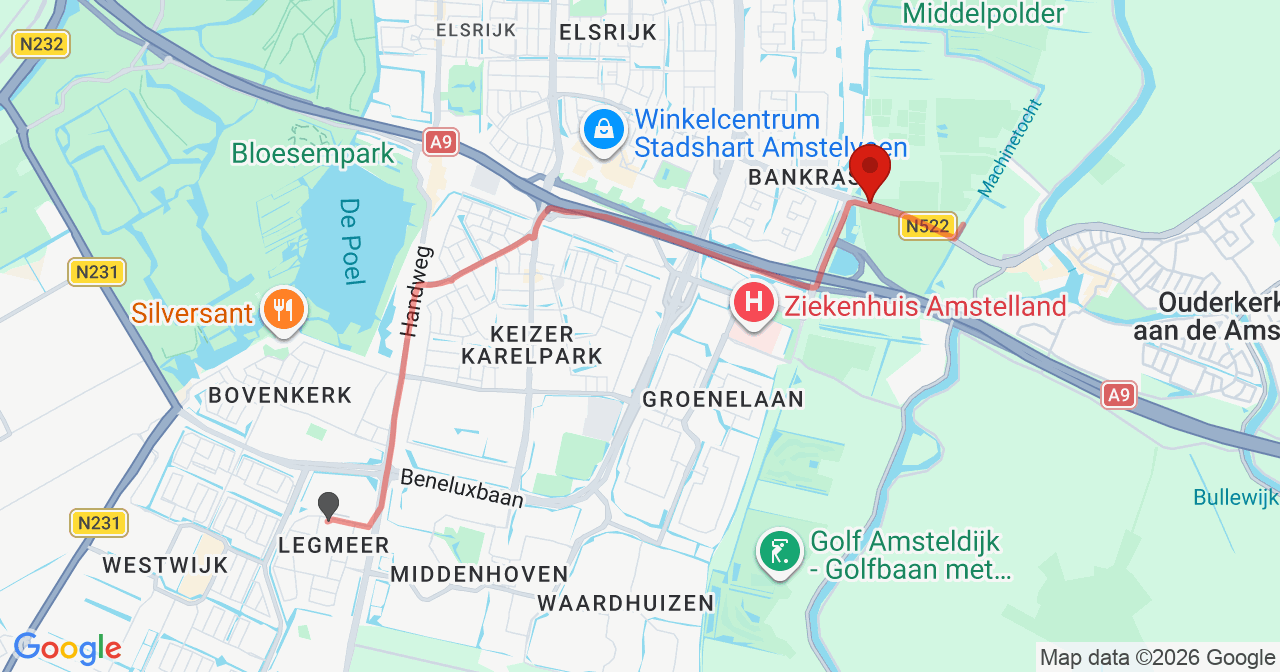 Kaart van het incident in Amstelveen met de aanrijroutes van de gealarmeerde eenheden
