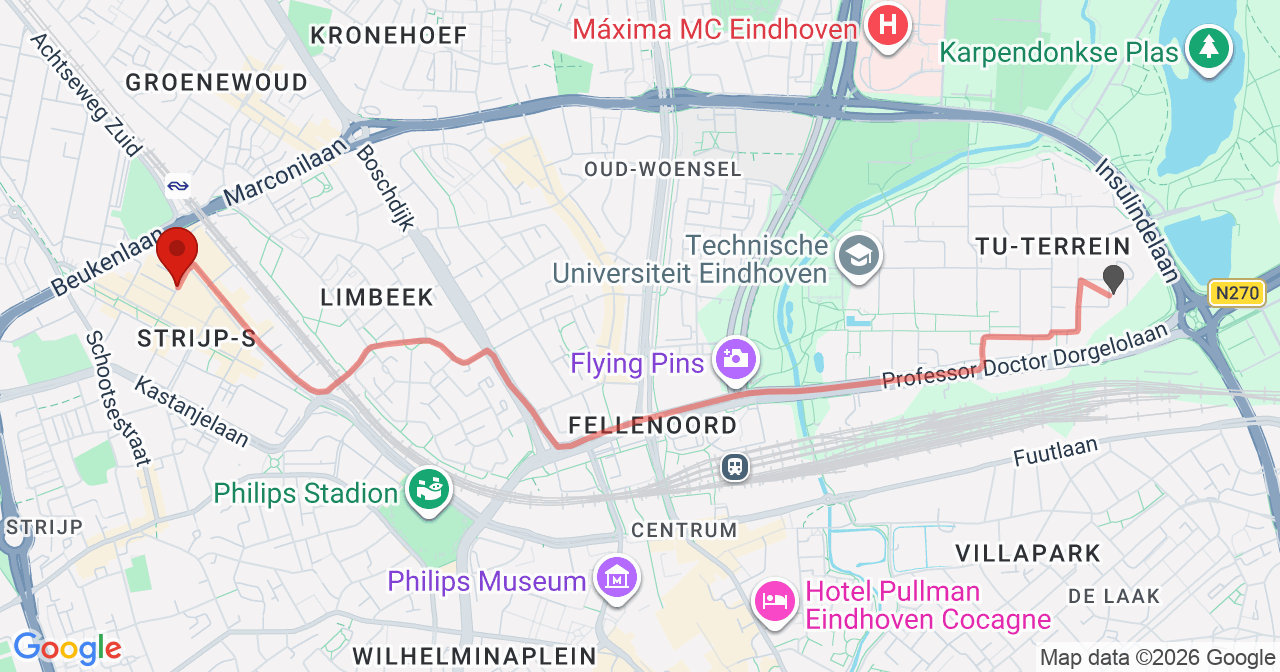 Kaart van het incident in Eindhoven met de aanrijroutes van de gealarmeerde eenheden