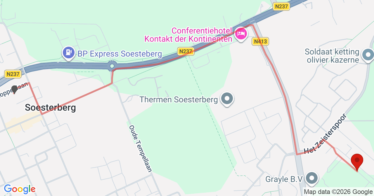 Kaart van het incident in Soesterberg met de aanrijroutes van de gealarmeerde eenheden