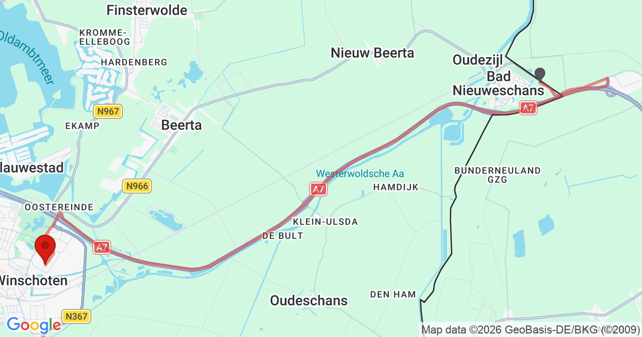 Kaart van het incident in Winschoten met de aanrijroutes van de gealarmeerde eenheden