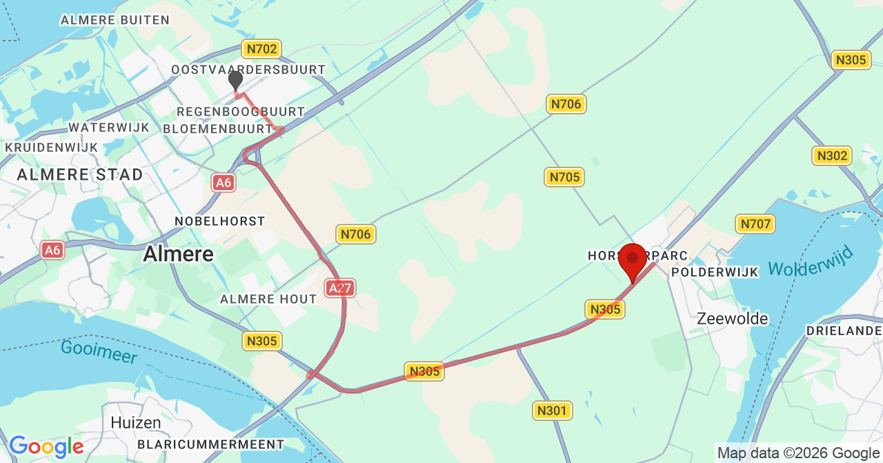 Kaart van het incident in Zeewolde met de aanrijroutes van de gealarmeerde eenheden