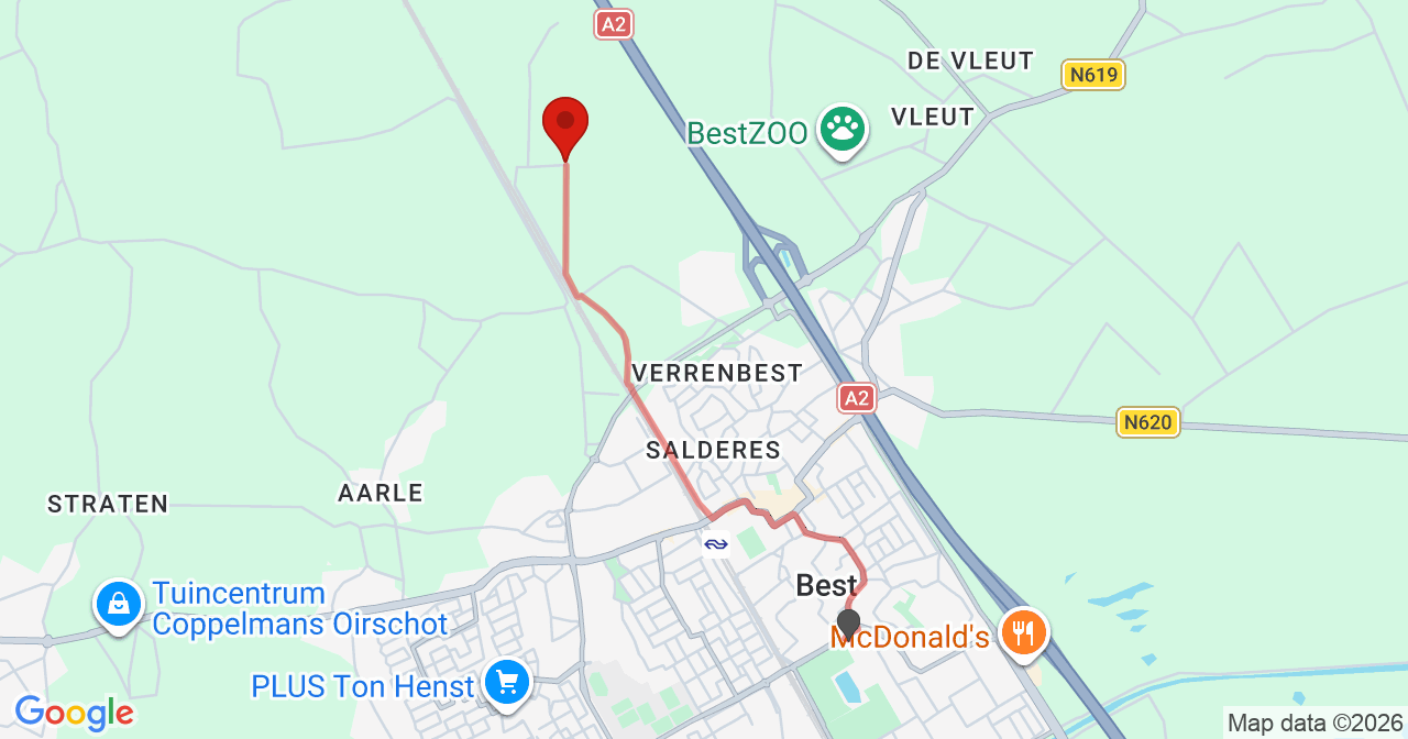 Kaart van het incident in Best met de aanrijroutes van de gealarmeerde eenheden