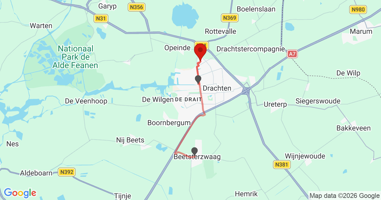 Kaart van het incident in Drachten met de aanrijroutes van de gealarmeerde eenheden