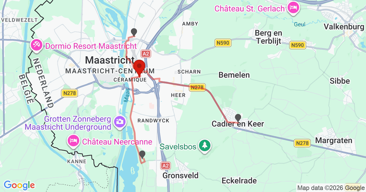 Kaart van het incident in Maastricht met de aanrijroutes van de gealarmeerde eenheden