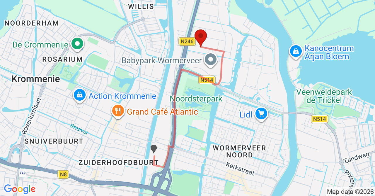Kaart van het incident in Wormerveer met de aanrijroutes van de gealarmeerde eenheden