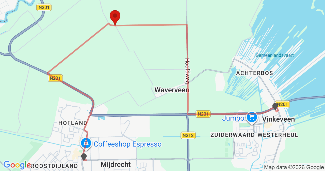 Kaart van het incident in Waverveen met de aanrijroutes van de gealarmeerde eenheden