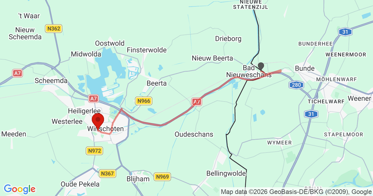 Kaart van het incident in Winschoten met de aanrijroutes van de gealarmeerde eenheden