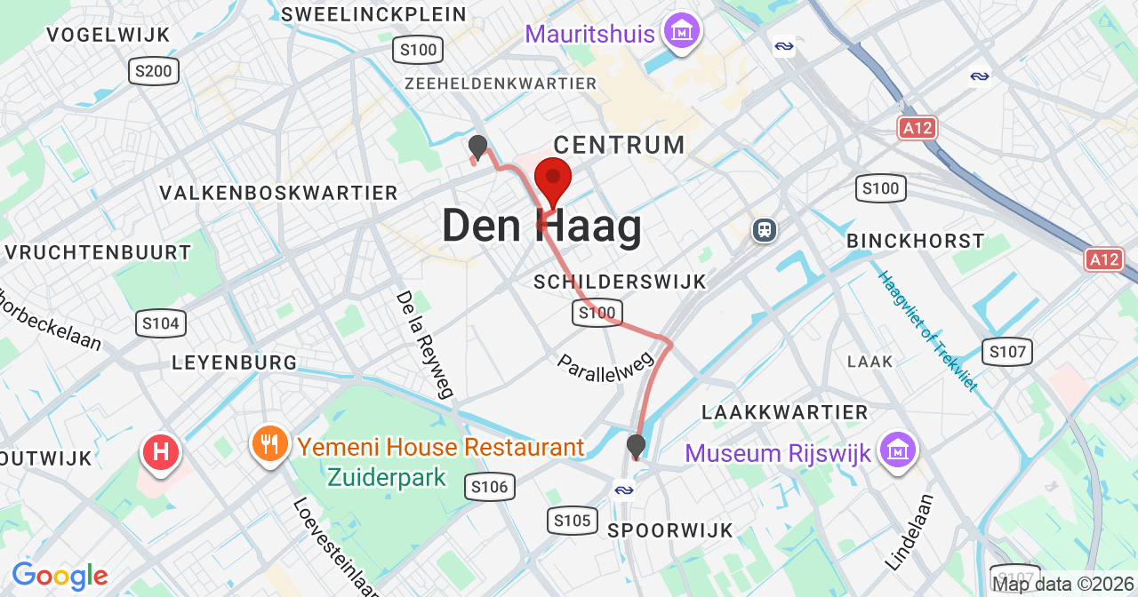 Kaart van het incident in 's-Gravenhage met de aanrijroutes van de gealarmeerde eenheden