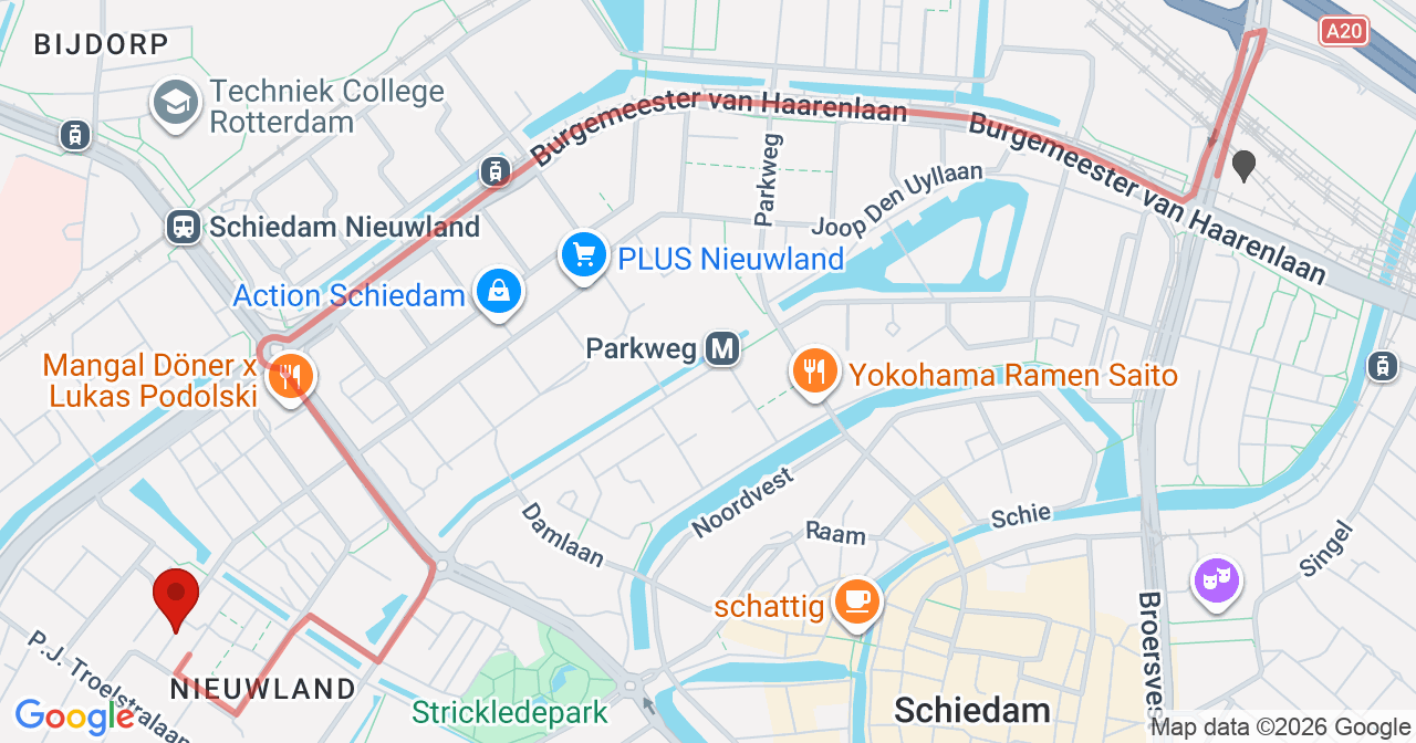 Kaart van het incident in Schiedam met de aanrijroutes van de gealarmeerde eenheden
