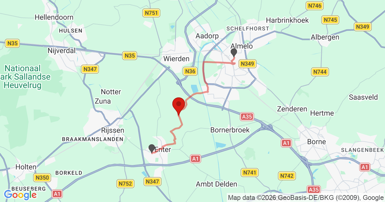 Kaart van het incident in Enter met de aanrijroutes van de gealarmeerde eenheden